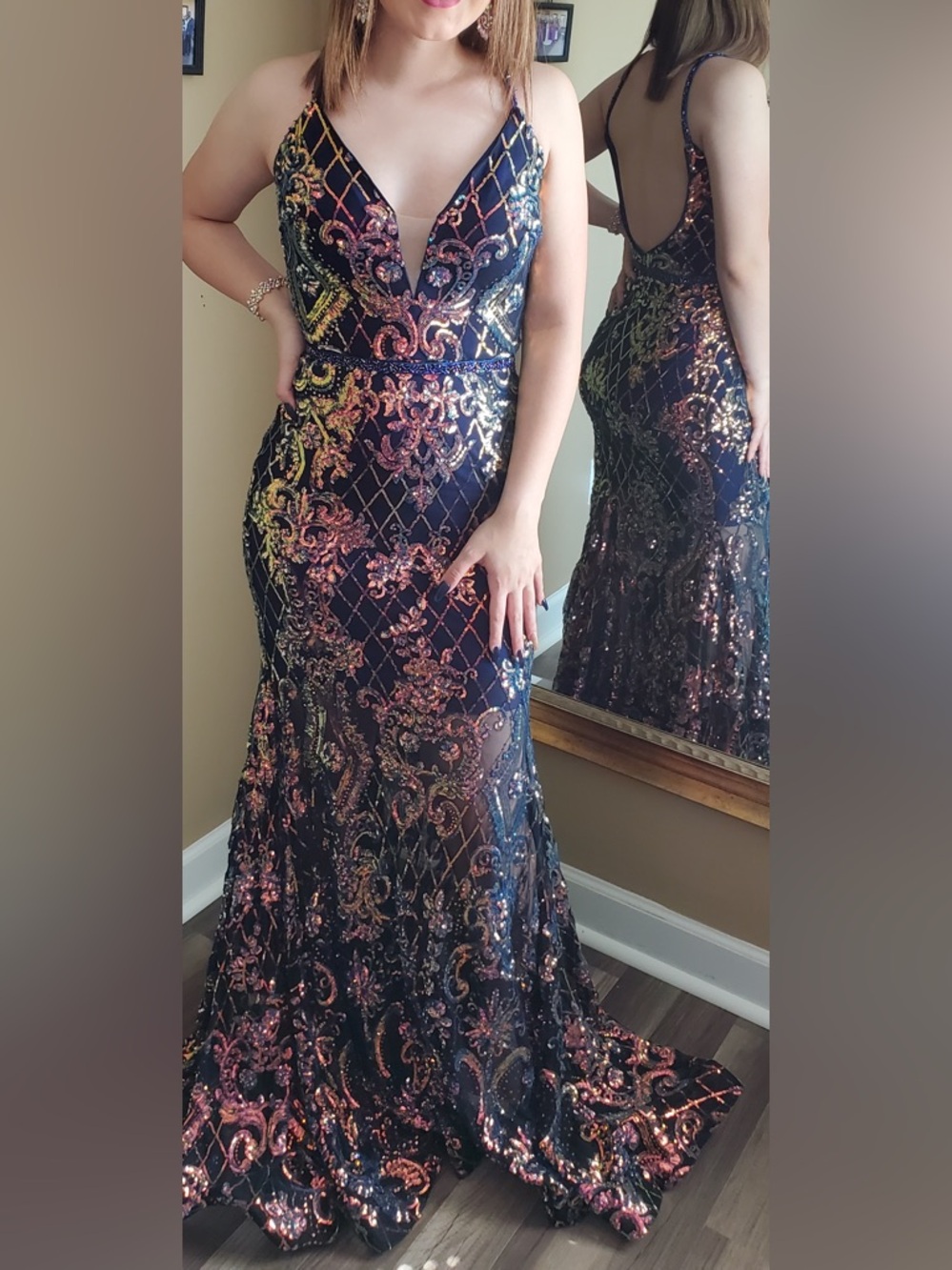 Navy Sequin Floral V-Neck Prom Gown